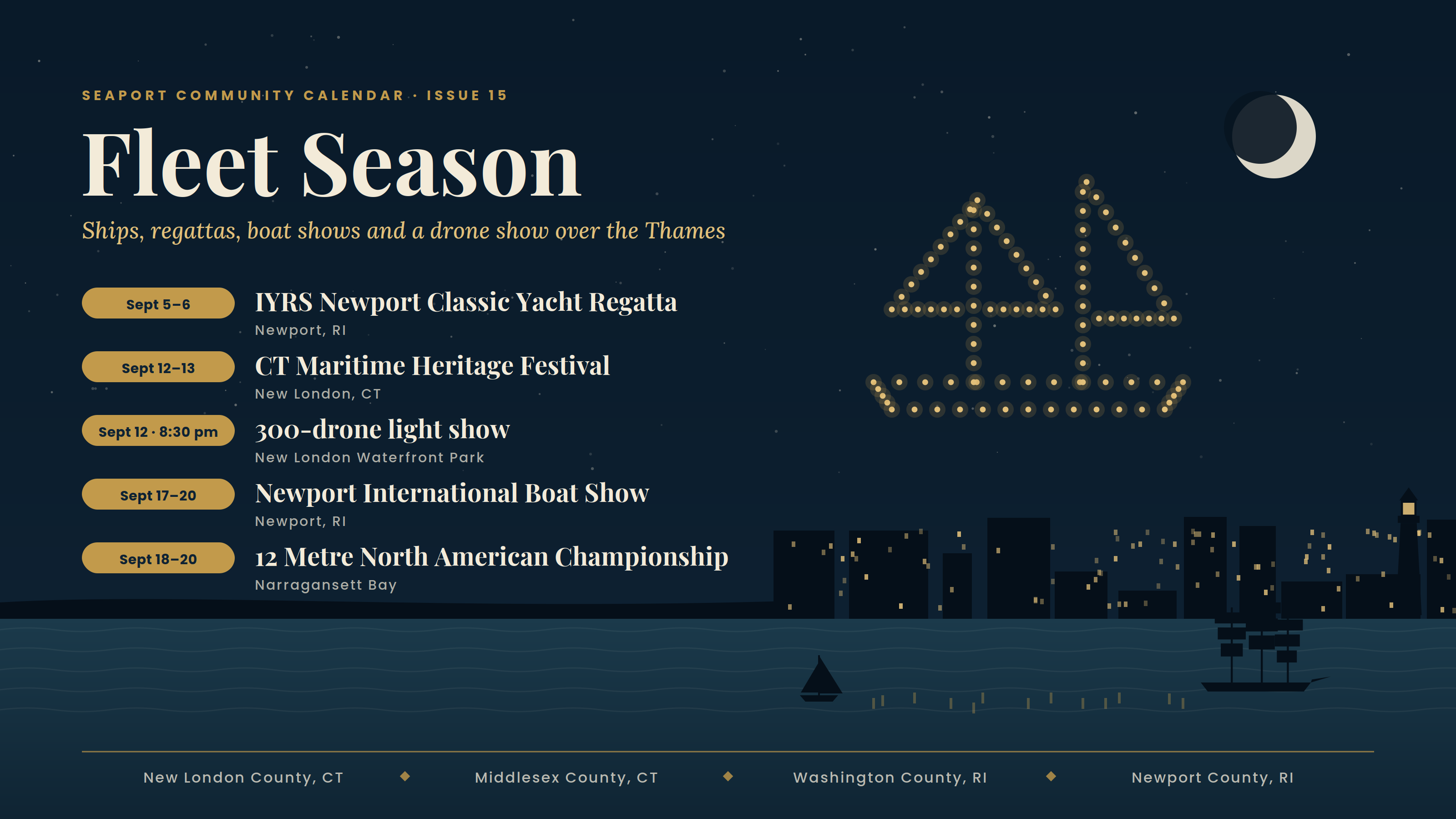 Fleet Season: a schooner outlined in drone lights over a nighttime waterfront, with dates for the IYRS Classic Yacht Regatta, CT Maritime Heritage Festival drone show, Newport International Boat Show and 12 Metre North American Championship